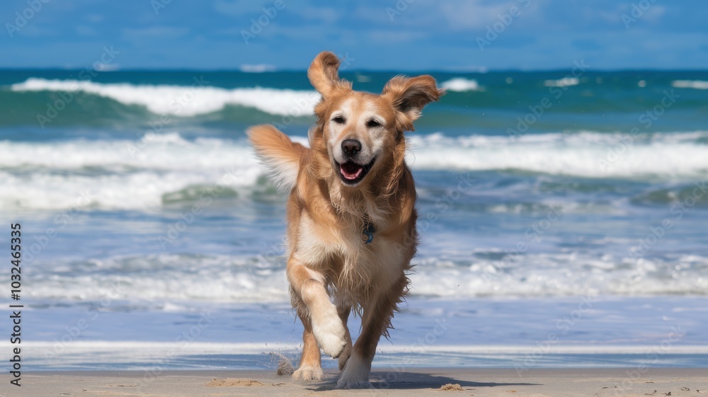 Happy golden retriever dog running on the beach by the sea.