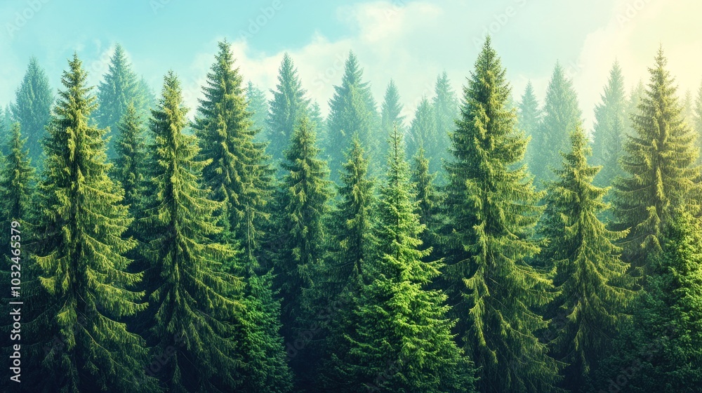 Fototapeta premium A dense forest of tall evergreen trees under a clear sky with sunlight filtering through, creating a serene and majestic natural landscape.