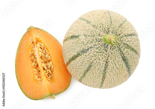 Tasty ripe Cantaloupe melons isolated on white, top view