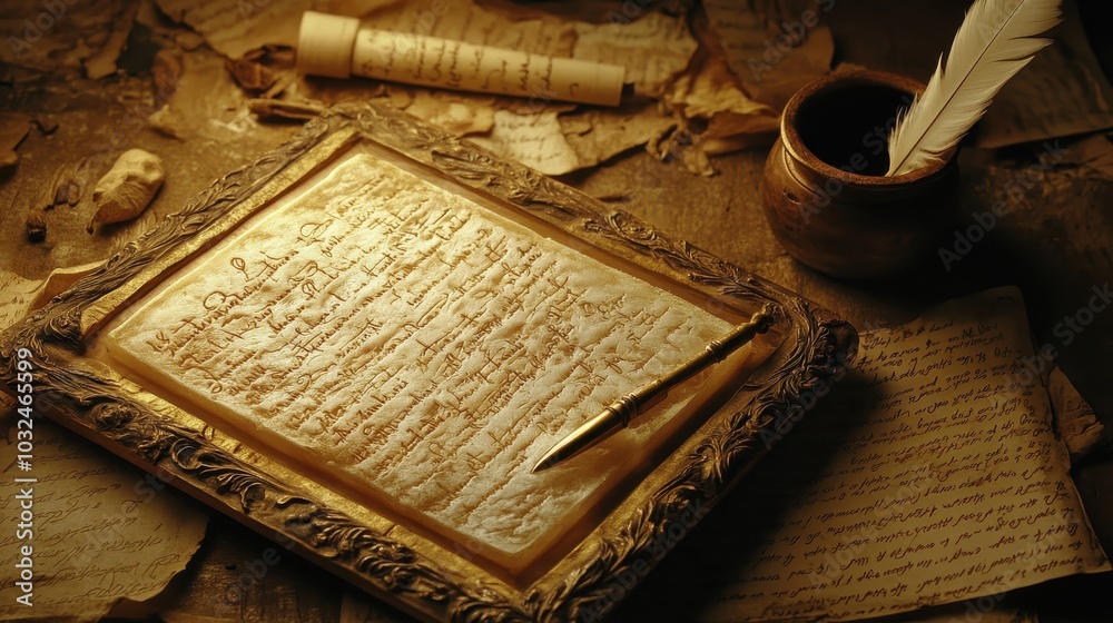 Roman wax tablet with bronze stylus and parchment scrolls all under warm soft light