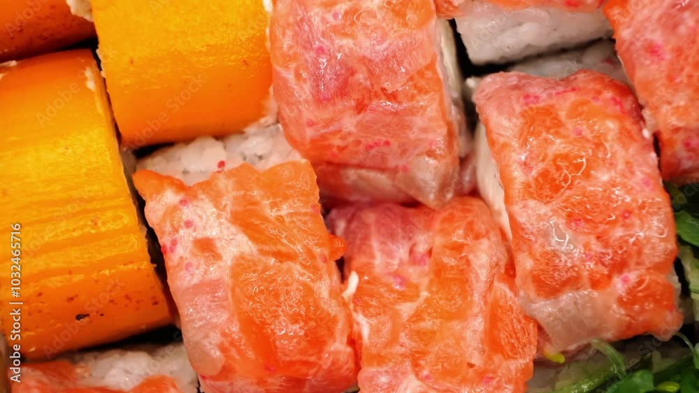 Vibrant close-up of assorted sushi rolls showcasing a variety of colors and flavors. Experience the excitement of receiving a perfectly packed sushi order in a takeout box