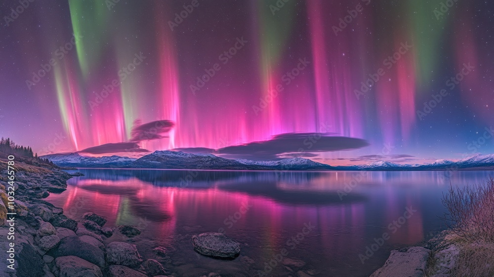 Obraz premium A panoramic view of a vibrant aurora borealis display over a tranquil lake with rocky shores and distant mountains under a starry twilight sky.