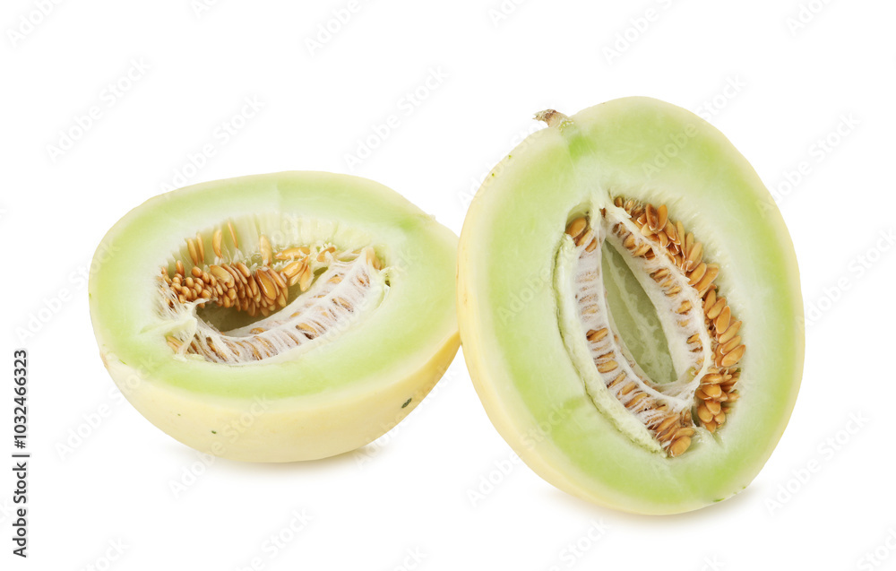 Halves of fresh honeydew melon isolated on white Halves of fresh honeydew melon isolated on white