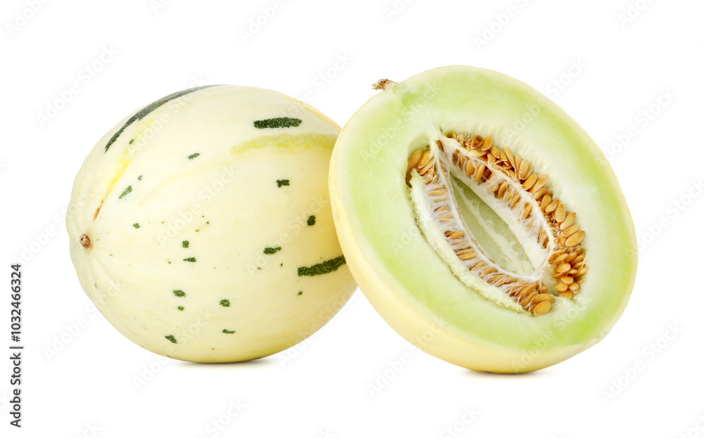 Whole and cut fresh ripe honeydew melons isolated on white Whole and cut fresh ripe honeydew melons isolated on white