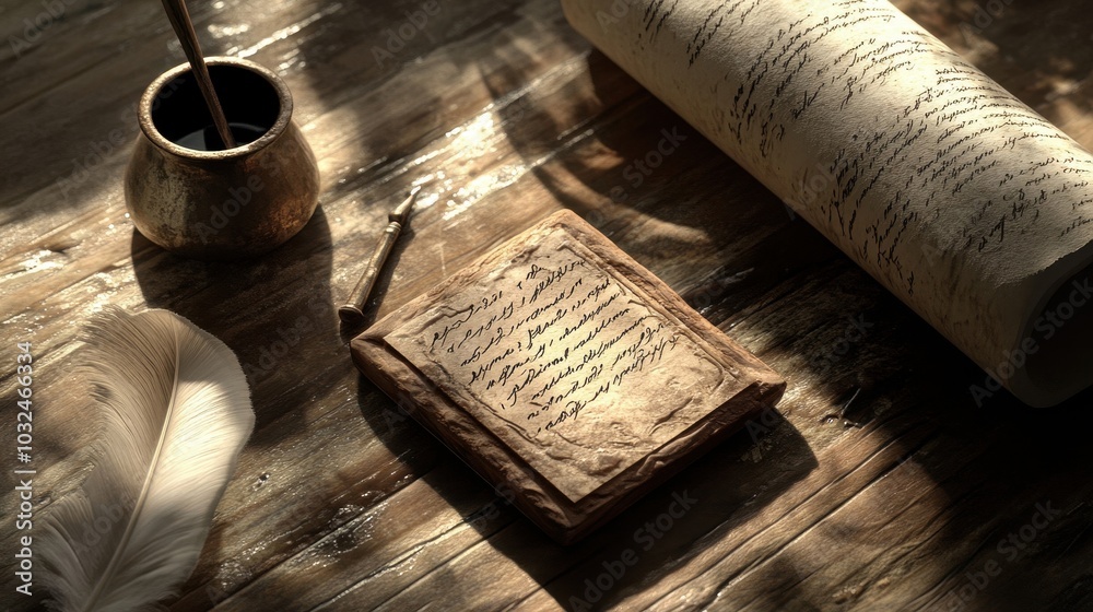 Wax tablet with deep Latin script stylus inkpot quill and parchment under natural light