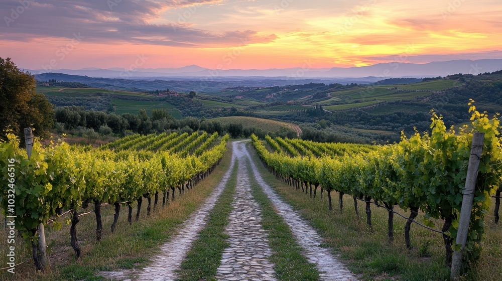 Ancient Roman road through vineyard grapevines and rolling hills under a pastel-colored sunset Ancient Roman road through vineyard grapevines and rolling hills under a pastel-colored sunset