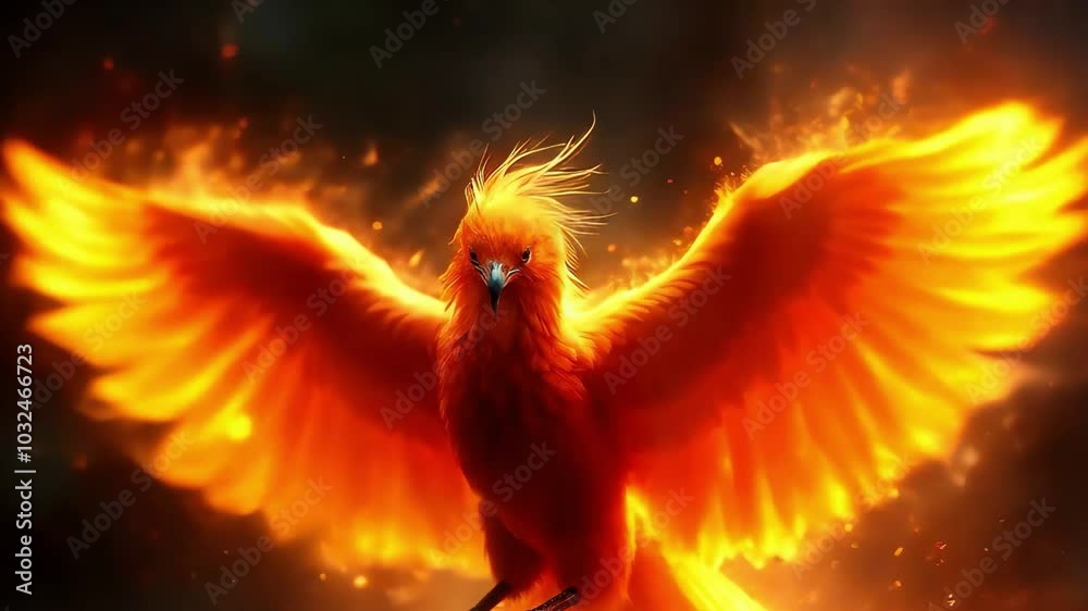 A fiery phoenix with outstretched wings, illuminated by a burst of flames.