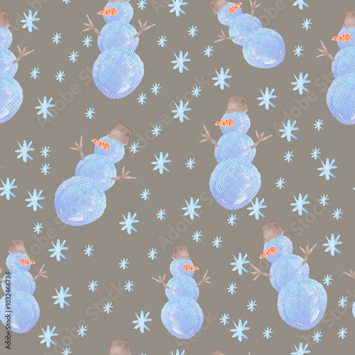 snowman snowflakes New Year seamless pattern watercolor illustration on a gray background base for cards clothes dishes textiles photo