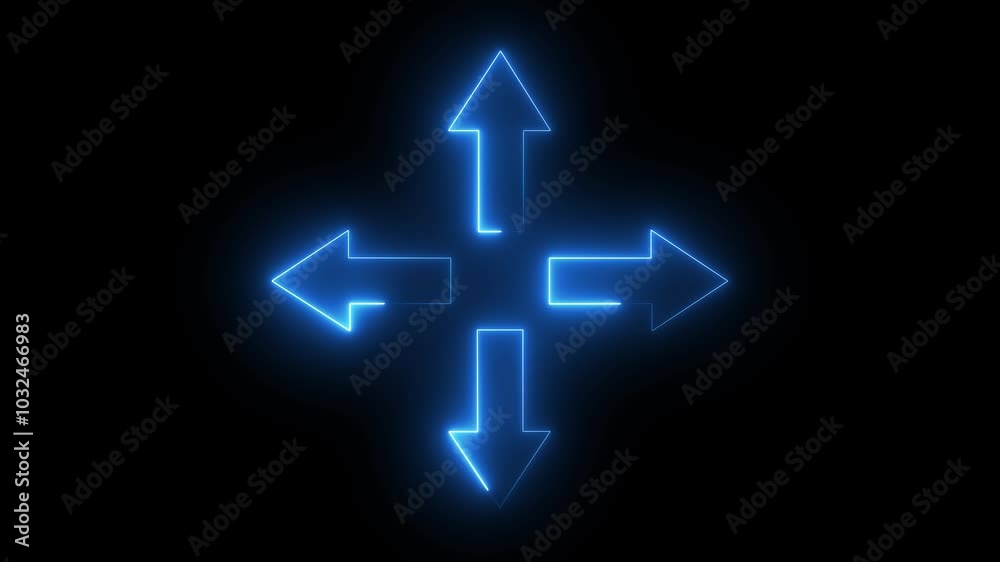 Neon arrow symbol icon. The blue-colored arrow points up, down, left, and right, Directional sign. neon arrow sign with black background. Neon arrow symbol icon. The blue-colored arrow points up, down, left, and right, Directional sign. neon arrow sign with black background.