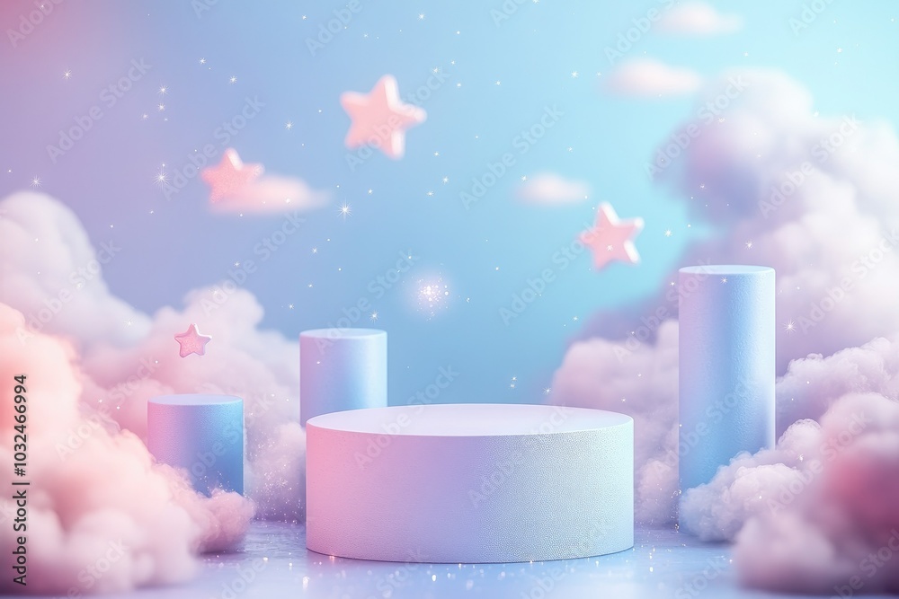 A pastel-colored minimal podium with soft rounded edges, surrounded by blurred floating clouds and stars, creating a cute and dreamy atmosphere for product display A pastel-colored minimal podium with soft rounded edges, surrounded by blurred floating clouds and stars, creating a cute and dreamy atmosphere for product display