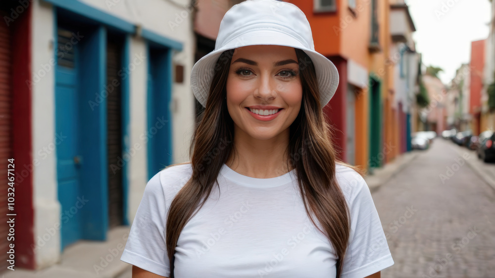 Woman wearing white t-shirt and white bucket hat standing in a city alley Woman wearing white t-shirt and white bucket hat standing in a city alley