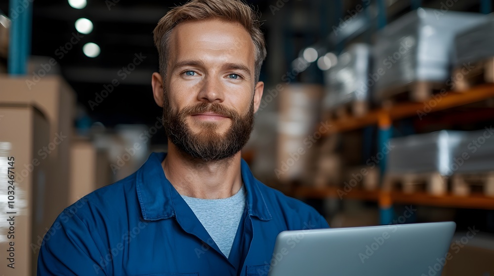 Professional engineer wearing a blue jumpsuit holding a laptop computer in an organized and efficient warehouse setting with various equipment machinery and storage systems visible Professional engineer wearing a blue jumpsuit holding a laptop computer in an organized and efficient warehouse setting with various equipment machinery and storage systems visible