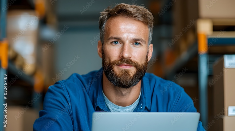 Confident engineer in blue jumpsuit carefully assessing and analyzing warehouse logistics and using a laptop computer to optimize efficiency and productivity