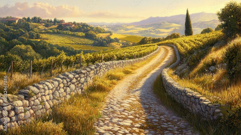 Naklejka premium Roman road passing through vineyards and olive groves lined with low walls late afternoon golden light