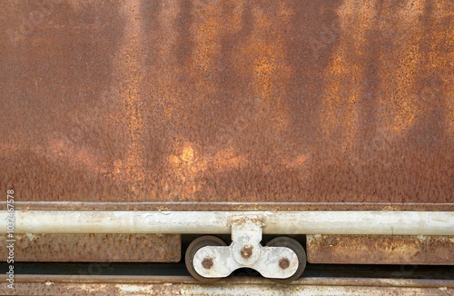 Close-Up a steel door wheel of a rusty steel door fence.	 photo