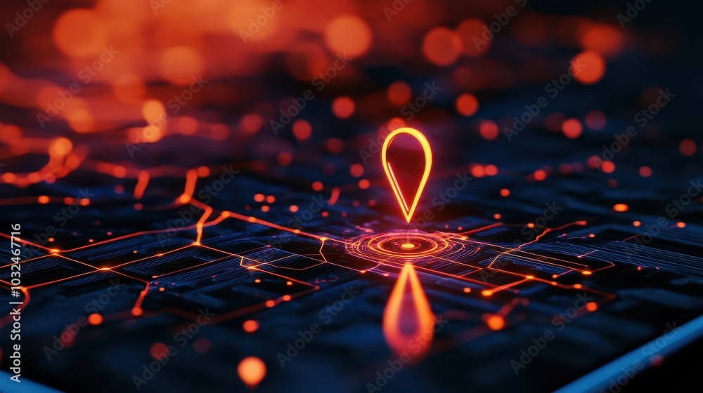 Digital GPS map with a glowing pin and a detailed route path on a smartphone screen Bright lighting, midangle shot, clean and futuristic design Digital GPS map with a glowing pin and a detailed route path on a smartphone screen Bright lighting, midangle shot, clean and futuristic design