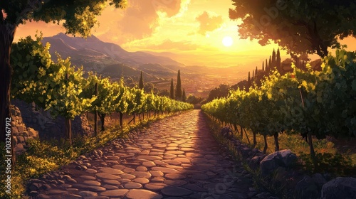 Cobbled Roman road through vineyard grapevines flanking path sunset casting long shadows and golden light