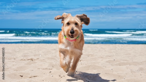 Happy dog running on the beach under a clear blue sky.