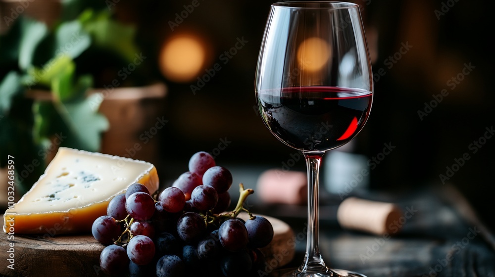 Glass of red wine, blue cheese, grapes, and a wooden cutting board on a dark rustic background.