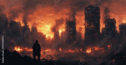 A lone figure stands amidst the burning ruins of a city, a stark reminder of destruction and loss.