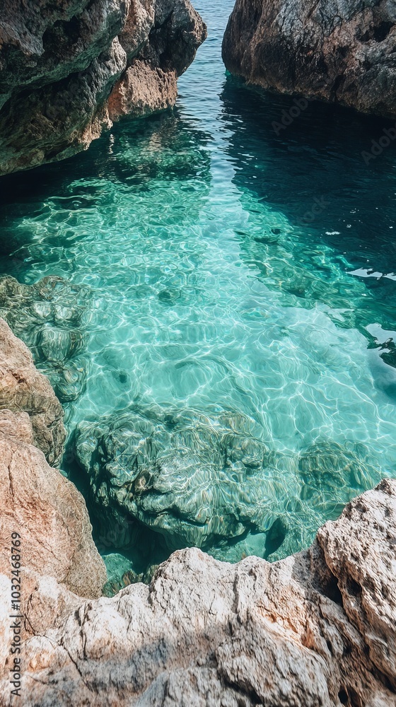 Obraz premium Crystal clear turquoise water fills a cove between jagged rocks, inviting a refreshing dip.