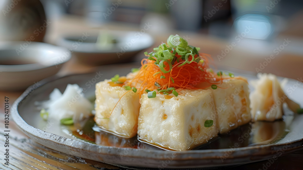 Tempura tofu with a side of soy sauce and ginger
