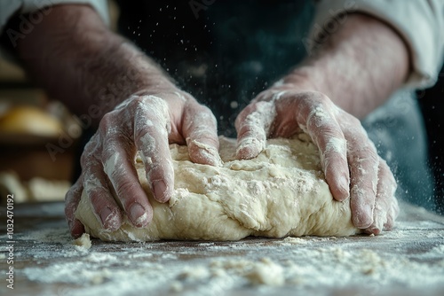 Close-up of hands kneading dough on a floured surface, capturing the art and texture of bread making in a rustic kitchen setting.