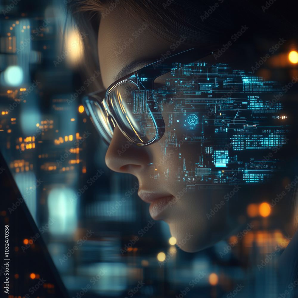 Brunette Female Scientist Using Advanced Technology for Data Analysis in Laboratory, Holographic Display Close-Up Brunette Female Scientist Using Advanced Technology for Data Analysis in Laboratory, Holographic Display Close-Up