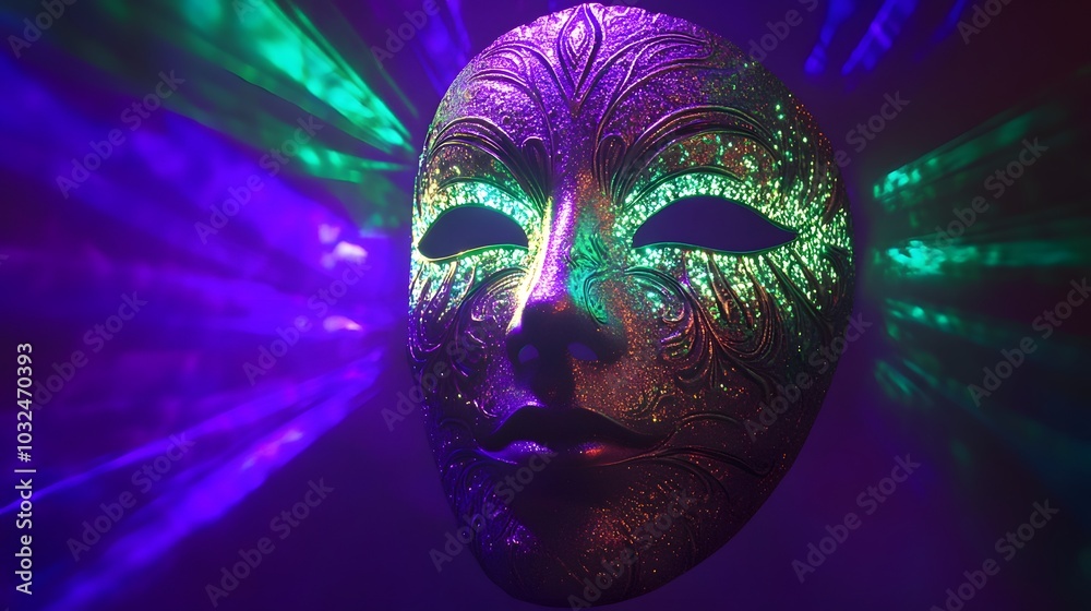 A mask illuminated by mystical emerald green and royal purple rays radiating outward A mask illuminated by mystical emerald green and royal purple rays radiating outward