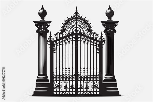 A  iron gate with two tall pillars on each side.