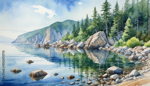 A serene lakeside scene captures the essence of nature with crystal-clear water reflecting towering pine trees and jagged rocks, evoking a sense of peace, watercolor