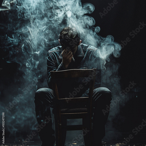 Depressed smoking man sitting on chair on black background