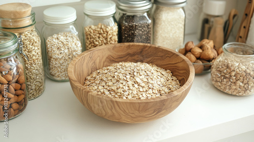 Oat groats in a wooden bowl placed on a white kitchen counter, surrounded by jars of whole grains, nuts, and seeds, evoking a wholesome, healthy lifestyle.