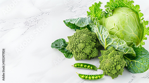 Cabbage and broccoli with fresh green produce healthy vegetables on marble background photo