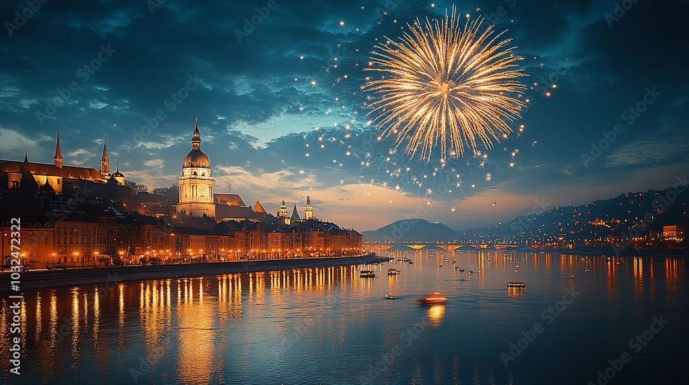 Obraz premium Cityscape with fireworks over a river at night.
