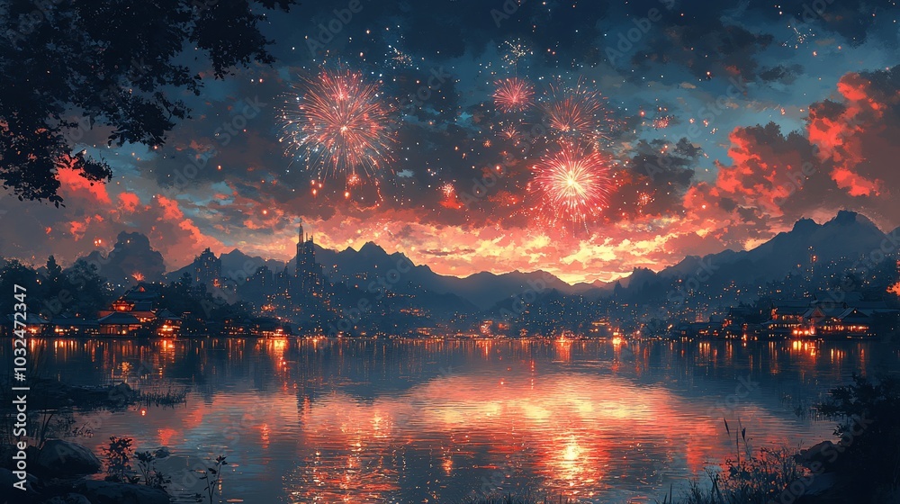 A vibrant firework display over a tranquil lake town at sunset. A vibrant firework display over a tranquil lake town at sunset.