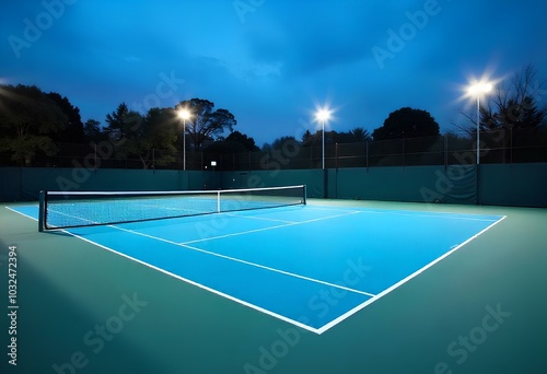 
A tennis court at night, deserted and illuminated by floodlights.