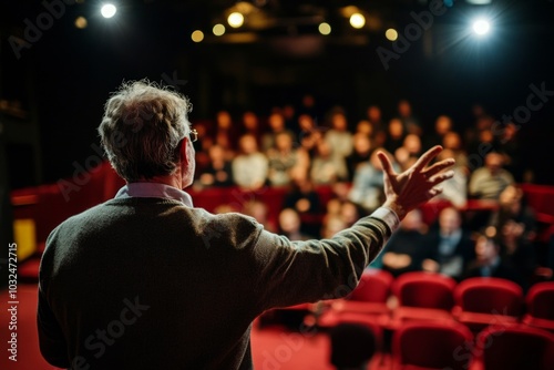 Speaker engaging audience in a theater setting with dramatic lighting