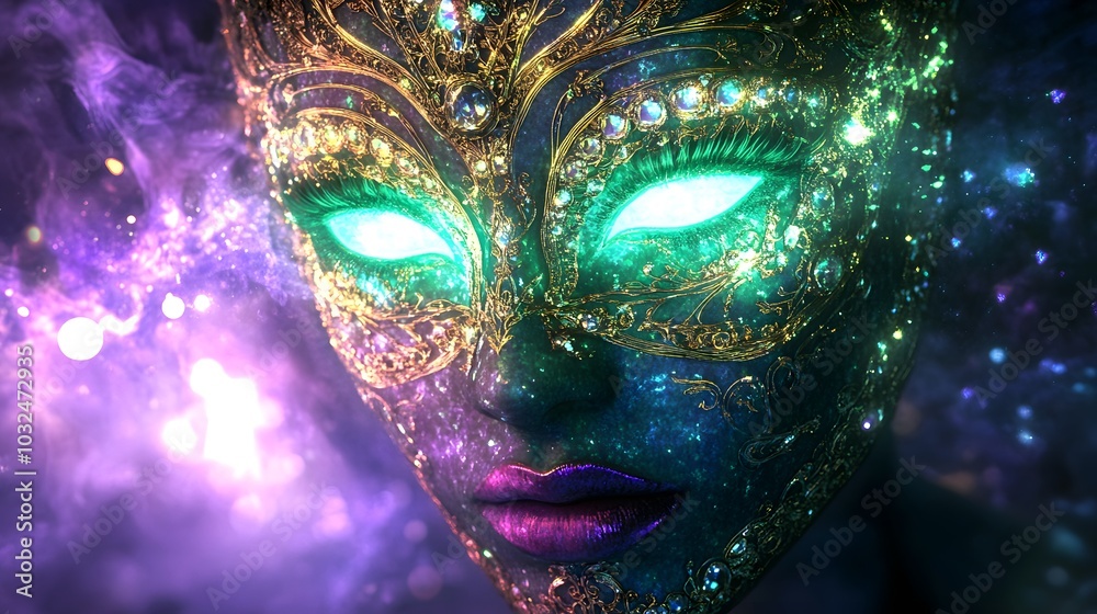 Soft emerald green and royal purple light beams glowing behind an enchanted mask Soft emerald green and royal purple light beams glowing behind an enchanted mask