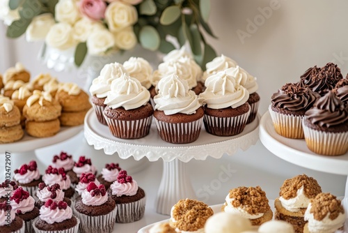 Assorted gourmet cupcakes with creamy toppings and elegant floral arrangement