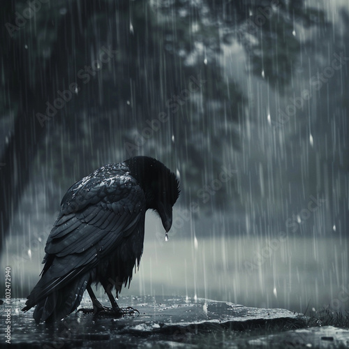 sad crow in the rain