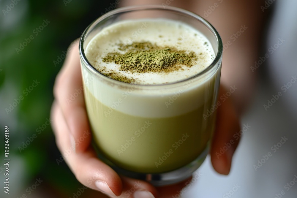 Creamy matcha drink with foam and powder topping Creamy matcha drink with foam and powder topping