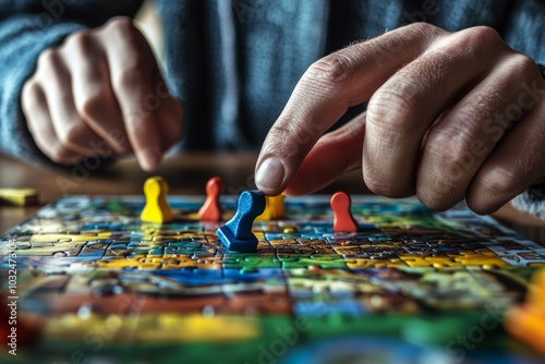 Strategic board game play with hands moving colorful pieces on a vibrant board