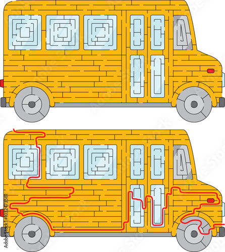 School bus maze for kids with a solution