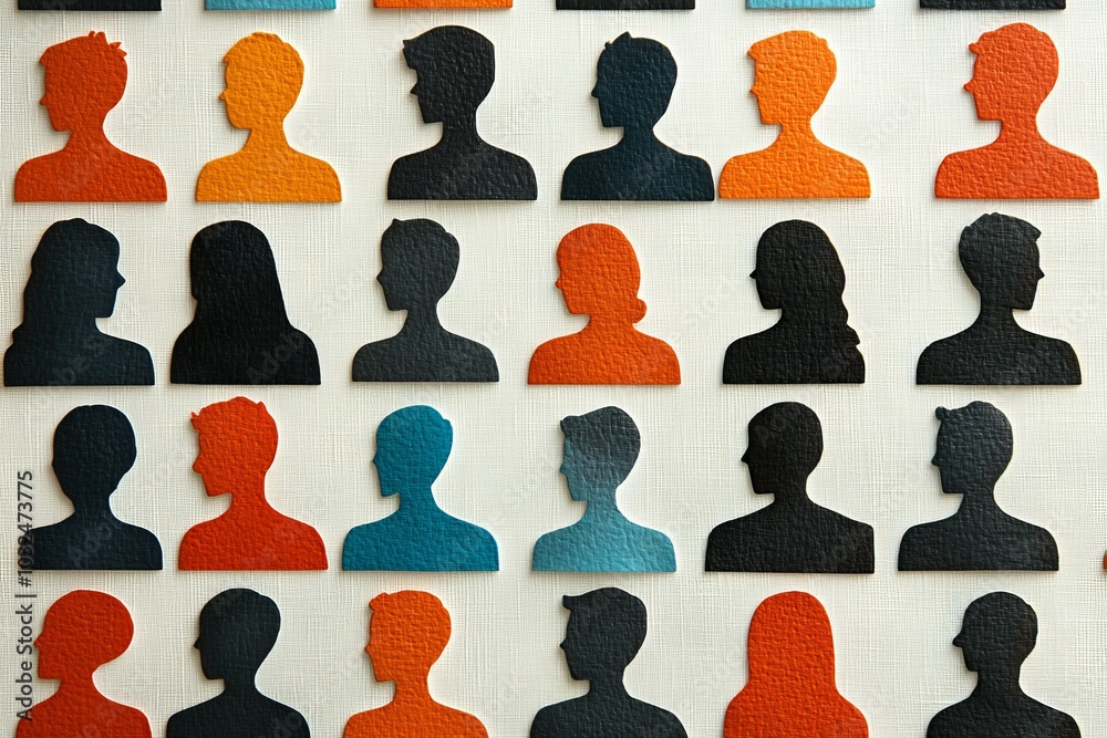 Bold silhouette profiles in orange and black arranged in a grid like structure evoking societal roles anonymity and identity set against textured beige canvas that conveys contrast and formality Bold silhouette profiles in orange and black arranged in a grid like structure evoking societal roles anonymity and identity set against textured beige canvas that conveys contrast and formality