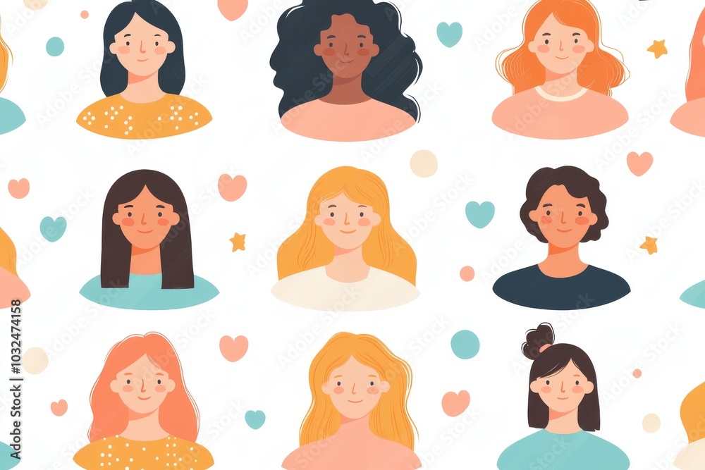 Simple playful illustration of women’s faces in soft pastel tones with diverse hairstyles in repeating pattern evoking femininity individuality and modern style with a cute minimalistic charm Simple playful illustration of women’s faces in soft pastel tones with diverse hairstyles in repeating pattern evoking femininity individuality and modern style with a cute minimalistic charm