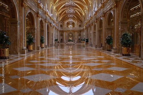 Reflective Floor in a Grand Hallway with Arched Ceilings