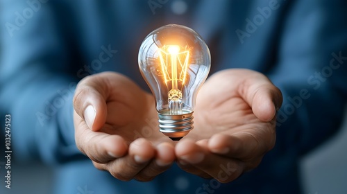 Business Professional Holding a Glowing Light Bulb as a Symbol of a Bright Idea for Growth and Success in the Office or Startup Environment