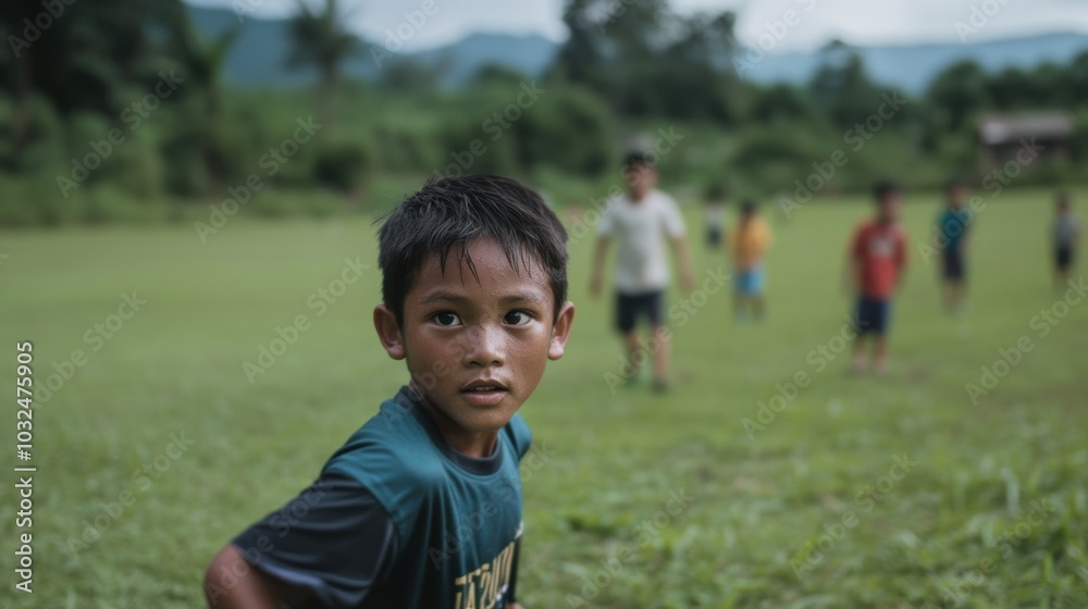 Young boy playing soccer in a lush green field Young boy playing soccer in a lush green field
