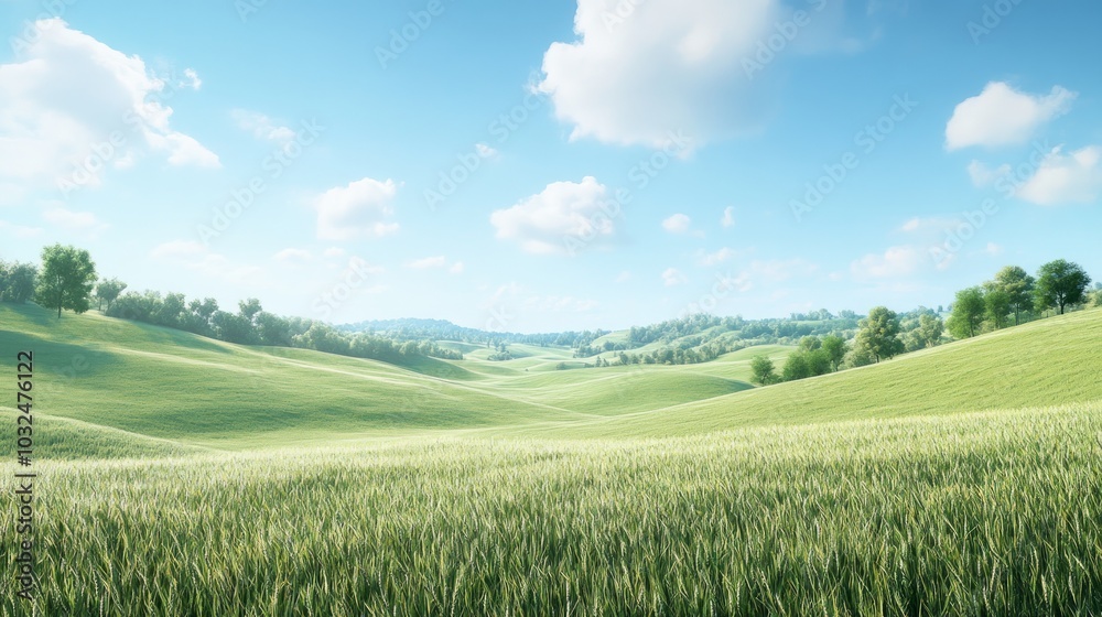 Obraz premium A serene landscape featuring rolling green hills under a blue sky with fluffy clouds.